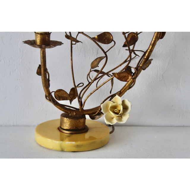 Metal Italian Gilded Tole Porcelain Yellow Roses Leaf Vine Marble Base Table Accent Lamp Vintage Mid-Century For Sale - Image 7 of 17