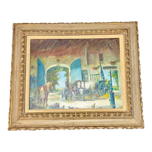 Mid 20th Century Mid-Century Modern Dutch Framed Oil – Th. De Leeuw Horses in Stable