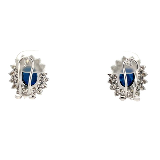 Modern 14k White Gold Blue Sapphire and Diamond Double Halo Earrings, A Pair For Sale - Image 3 of 10