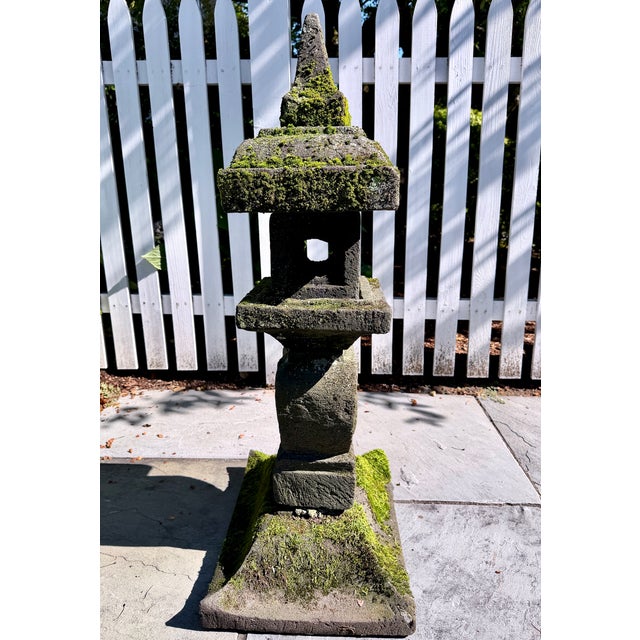 Japanese-Style Composition Stone Garden Lantern With Natural Moss Patina For Sale - Image 4 of 5