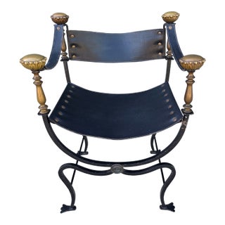 Vintage Italian Curule Savonarola Armchair in Black Leather Brass & Iron For Sale