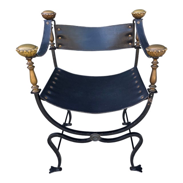 Vintage Italian Curule Savonarola Armchair in Black Leather Brass & Iron For Sale