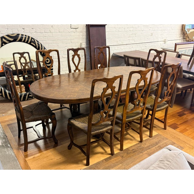 French Provincial Century Furniture Vintage French Provincial Oak Parquet Extension Dining Table + Chairs, Set For Sale - Image 3 of 12