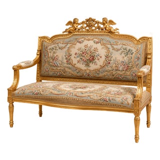 French Louis XVI-Style Sofa – Gold Leaf Carved Frame With Floral Damask Upholstery For Sale