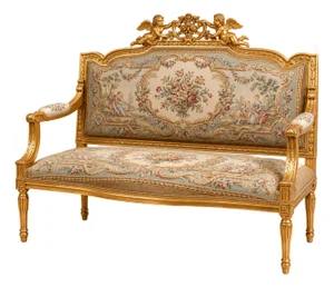 French Louis XVI-Style Sofa – Gold Leaf Carved Frame With Floral Damask Upholstery