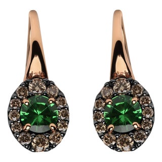 18K Rose and White Gold 3/8 Cttw Round Brown Diamonds and Round Green Tsavorite Gemstone Halo Drop Hoop Earrings (Brown Color, SI1-SI2 Clarity) For Sale