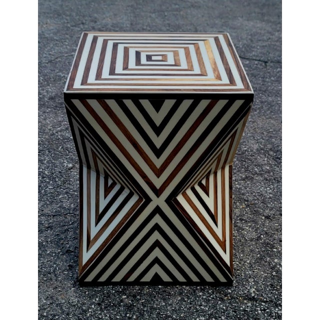 Wood Contemporary Traditional Moroccan Resin and Walnut Wood Stool / Beige Hourglass Silhouette For Sale - Image 7 of 7
