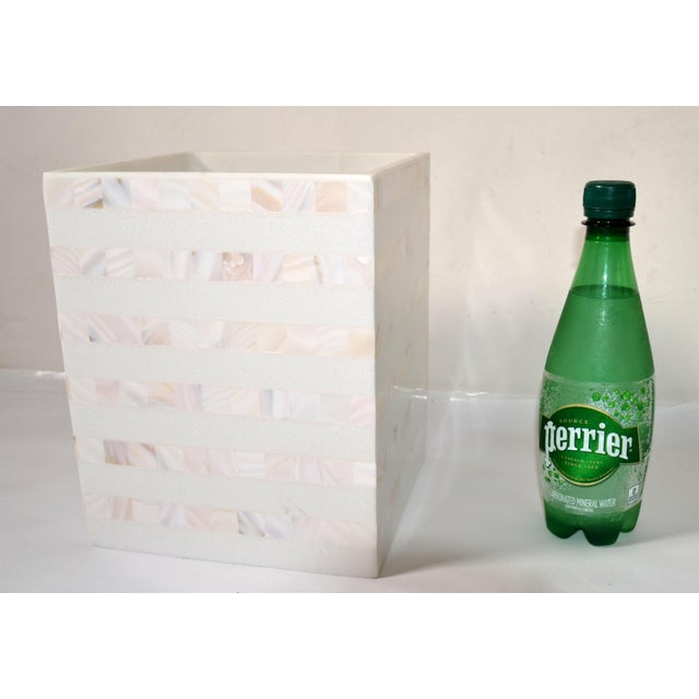 Taupe 1990s Vintage Luxury Capiz Stripe Over Resin Wastebasket Trash Can For Sale - Image 8 of 12