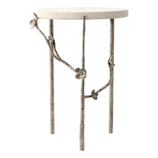 Aged Silver Modern Cherry Blossom Accent Table Travertine For Sale