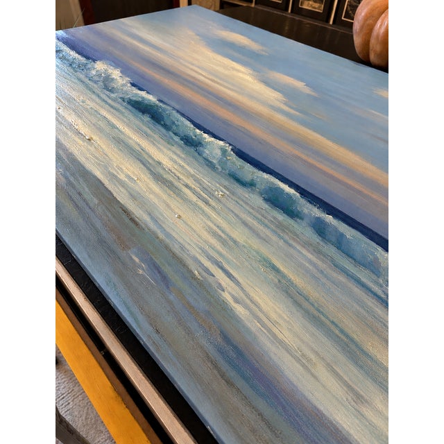 Modern Original Coastal Seascape Oil Painting on Canvas – Ocean Waves & Soft Blue Sky – 24 X 36" For Sale - Image 3 of 5