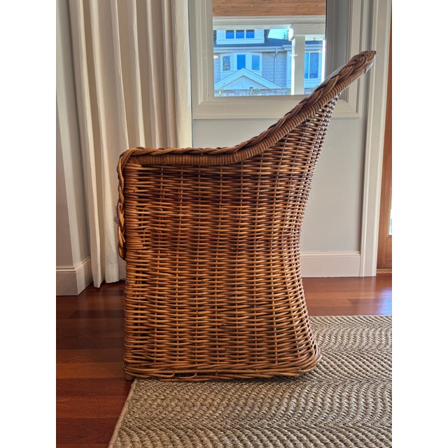 1960s Vintage Cottage Wicker Braided Rattan Arm Chairs With New Upholstery - Set of 2 For Sale - Image 9 of 10