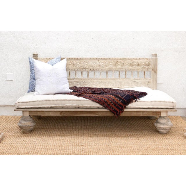 Boho Chic Floral Reclaimed Bleached Teak Hand-Carved Sofa For Sale - Image 3 of 11