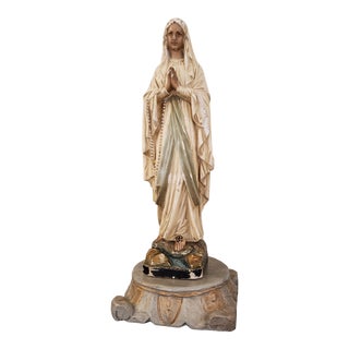 Late 19th Century French Our Lady of Lourdes Statue with Cloche and Base - 3 Pieces For Sale