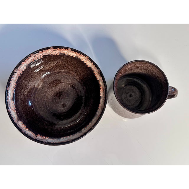 Studio Ceramic Art Cup and Bowl with Floral Decor by Elli & Walter Serocka, Germany, 1970s, Set of 2 For Sale - Image 4 of 17