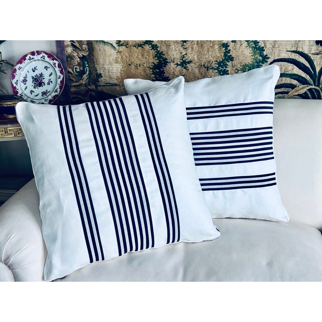 Contemporary Pair Reversible Cushions/Pillows in Navy Blue Stripes on White For Sale - Image 3 of 11