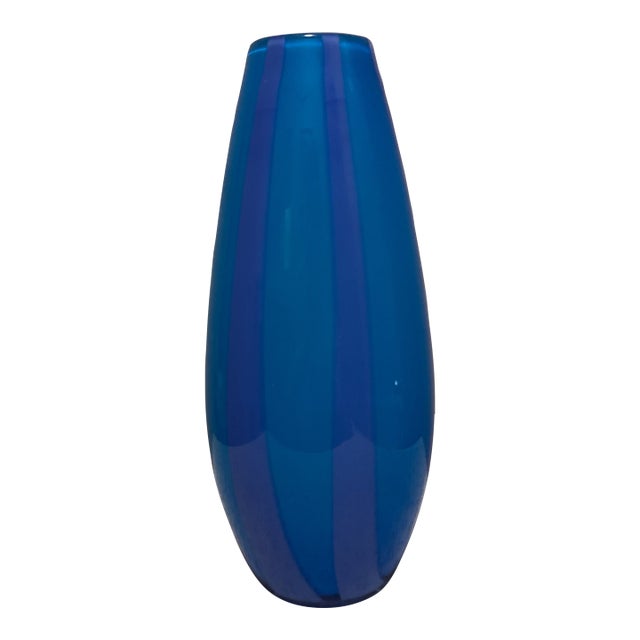 1980s Glass Vase Blue Cylinder Vertical Striped For Sale