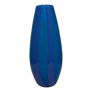 1980s Glass Vase Blue Cylinder Vertical Striped