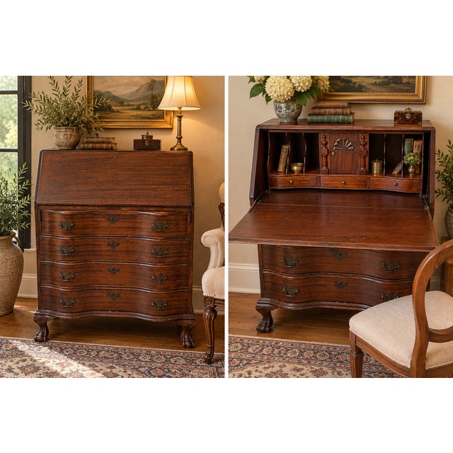 Vintage Chippendale-Style Mahogany Slant Front Secretary Desk With Claw Feet and Hidden Compartments For Sale - Image 15 of 15