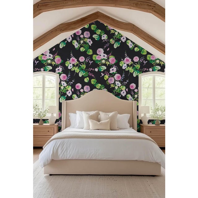 Traditional Chirp Society Floral Grasscloth Wallpaper by House Party | Midnight Black | 8 Yards For Sale - Image 3 of 7