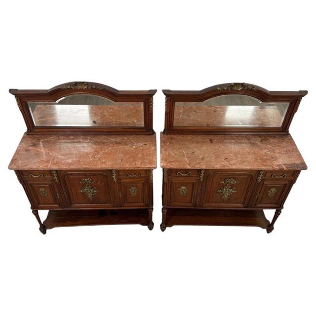 19th Century Antique French Marble-Top Cabinets with Mirrors, Set of 2 For Sale - Image 4 of 17