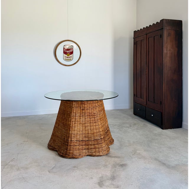 1980s Tromp l'Œil "Ghost" Rattan Table + Round Glass Dining or Surrealist Game Table For Sale - Image 5 of 18