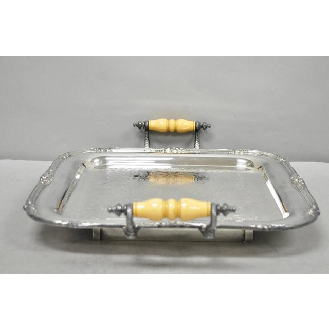 Vintage Sheffield Silver Plated Square Serving Bar Tray W/ Celluloid Handles For Sale - Image 10 of 17