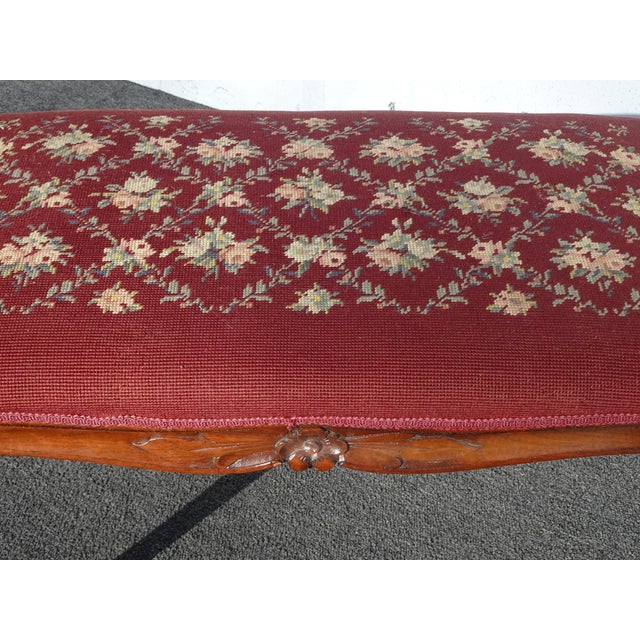 1970s Vintage French Provincial Burgundy Needlepoint Tapestry Bench W Floral Design For Sale - Image 5 of 13