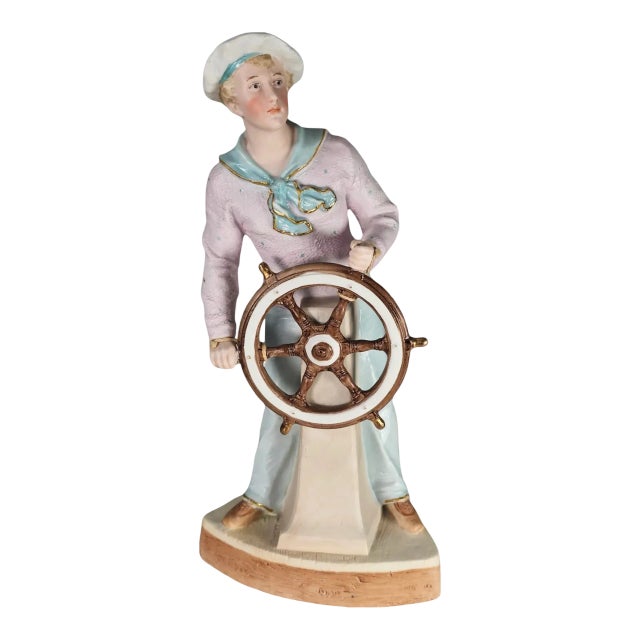 Gebruder Heubach Young Man at a Ship’s Steering Wheel Figurine 11.5" For Sale