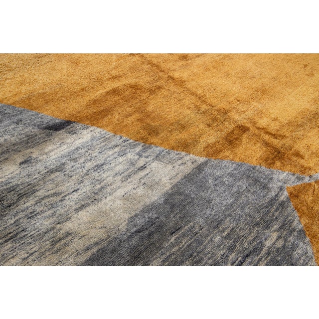 Modern Moroccan Abstract Motif Handmade Gray and Goldenrod Wool Rug For Sale - Image 10 of 12