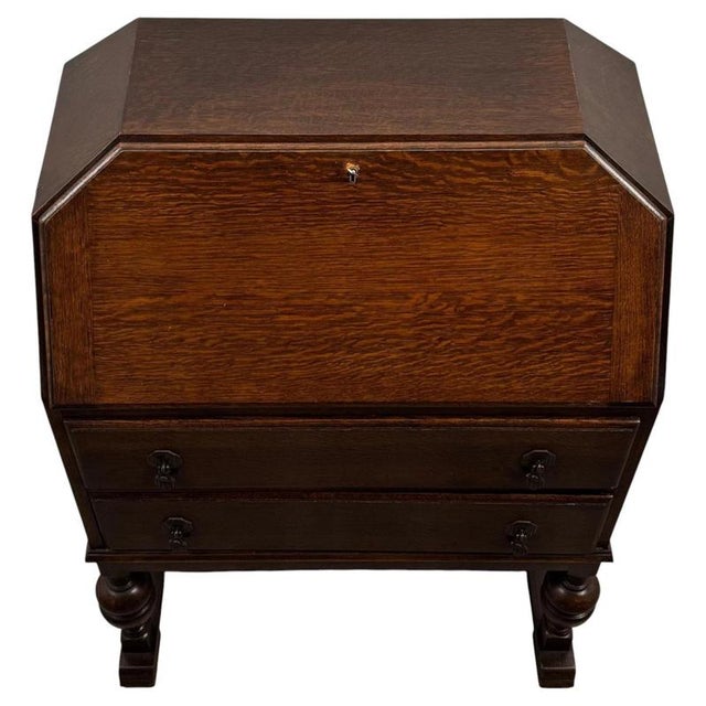Wood Antique Early 20th Century English Oak Bureau For Sale - Image 7 of 14