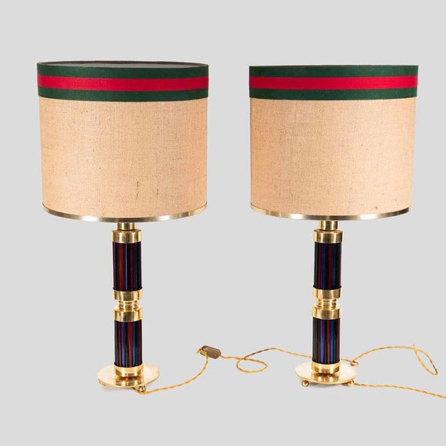 Pair of Murano glass rods on brass metal table lamps with Gucci inspired colours rim shades.Brass metal structure, base on...