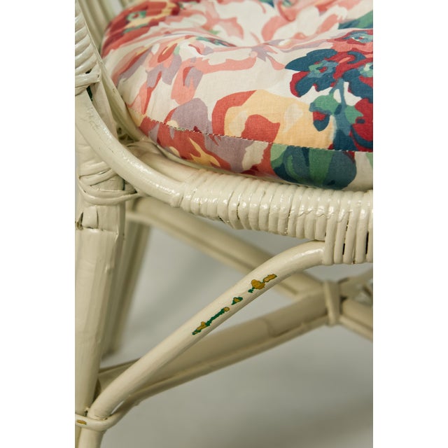 Late 20th Century White Wicker Accent Chairs With Floral Cushions a Pair For Sale - Image 5 of 9