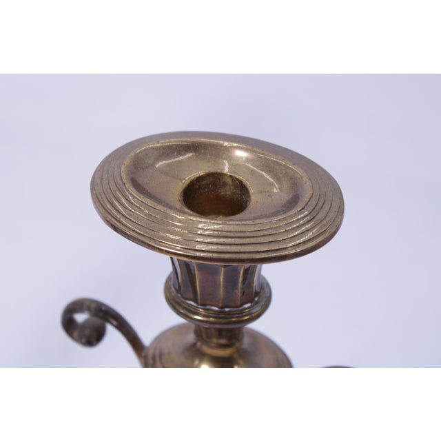 1980s Pair of Mottahedeh Brass Colonial Williamsburg Lyre Candlesticks For Sale - Image 13 of 14