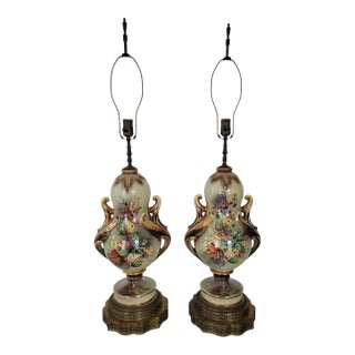 Pair of Mid 20th Century Floral Patterned Porcelain "Capodimonte" Style Table Lamps For Sale