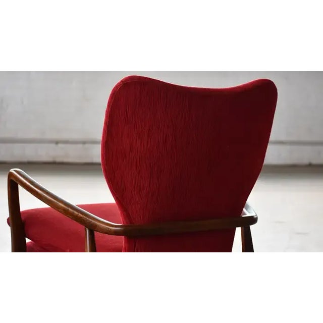 Madsen and Schubel Danish 1950's Lounge Chair With Slim Sculptural Carved Oak Frame For Sale - Image 4 of 9