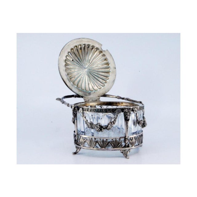 Silver Sugar Bowl with Bows, Masks, Hinged Lid and Cut Glass Interior with Spoon, Set of 2 For Sale - Image 3 of 10