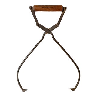 Antique Primitive Ice Block Tongs With Wood Advertising Handle For Sale