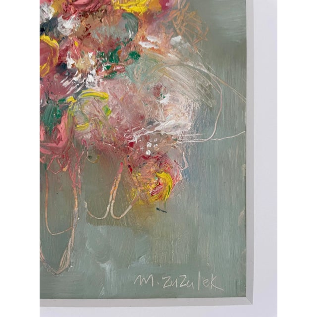 Mid-Century Modern Floral Abstract Pink Green Blue Modern Painting "Flowers in My Sky" by Michele Zuzalek For Sale - Image 3 of 6