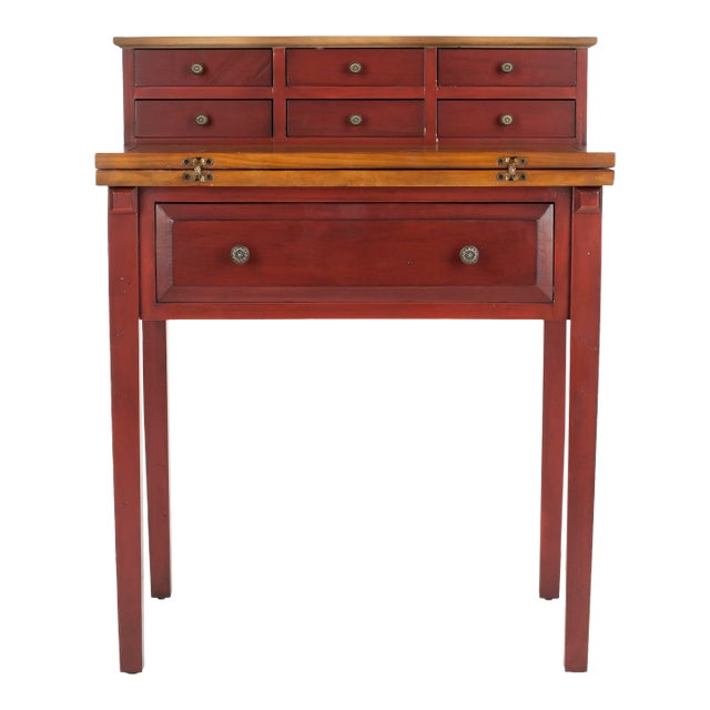 Seven Drawer Fold Down Desk in Egyptian Red & Oak For Sale