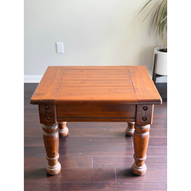 American Vintage Rustic Solid Pine Square End Table — Turned Baluster Leg Farmhouse Spanish Colonial Side Table For Sale - Image 3 of 12