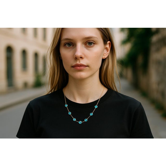 14k Yellow Gold Large Sized Blue Topaz Bezel Station Necklace 20 Inch For Sale - Image 9 of 10