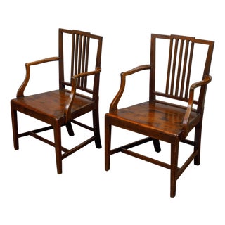 Pair of English Early 19th Century Plank Seat Chairs with Scrolling Arms For Sale