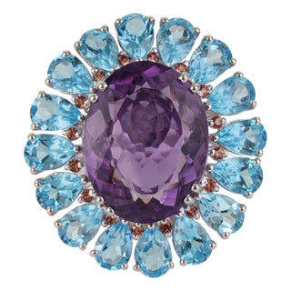Celestial Amethyst Blue Topaz & Orange Sapphire Sterling Silver Cocktail Ring Size 7.5 For Sale