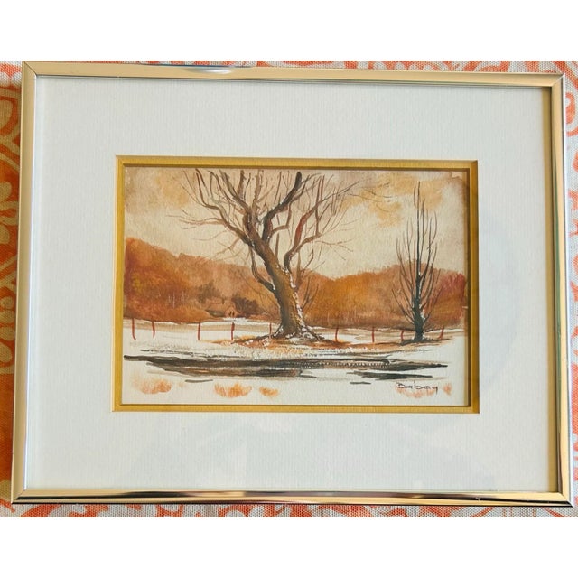Mid-Century Modern Vintage Mid Century Modern Small Landscape Watercolor Painting For Sale - Image 3 of 6