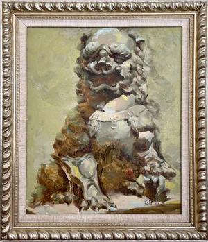 Mid 20th Century Chinese Foo Dog Expressionist Portrait Oil Painting, Framed