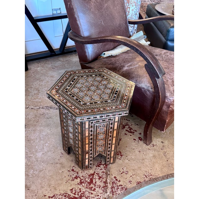 1940s Vintage Marquetry Wood Inlay & Mother-of-Pearl Hexagonal Side Table For Sale - Image 5 of 8