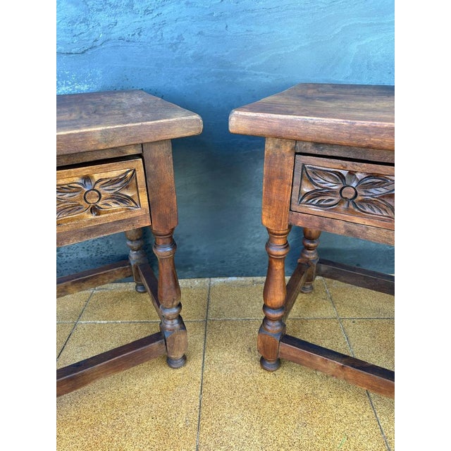 Spanish Rustic Oak Bedside Tables with Carved Drawers, 1950s, Set of 2 For Sale - Image 4 of 12