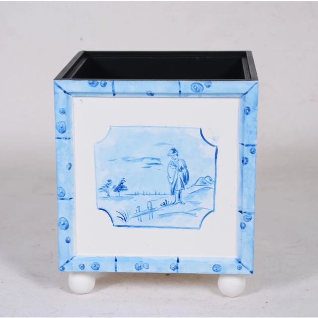 English 1990s English Traditional Aqua Wooden Box Holder With Delf Design For Sale - Image 3 of 6