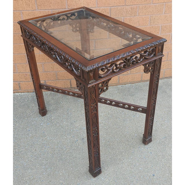 Chinese Pair of Chinese Chippendale Style Fretwork and Glass Inset Mahogany Side Tables For Sale - Image 3 of 9