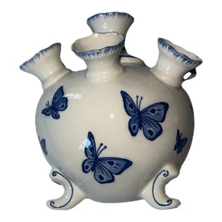 Vintage Delf Style Andrea Sadek Butterflies Tulipiere Flower Vase For Sale